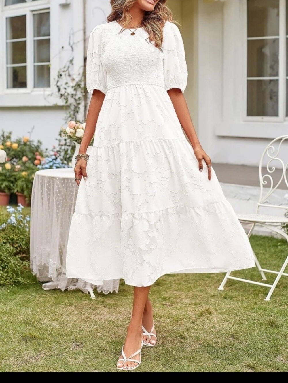 Merokeety Smocked Bodice Sheer Poly Flare  Puff-Sleeve Tiered Ivory Midi  Dress